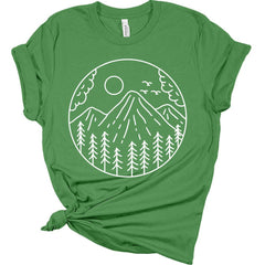 Womens Hiking Mountain Shirt Camping Nature Sunrise Pine Tree Tops Short Sleeve Regular Fit Graphic Tees