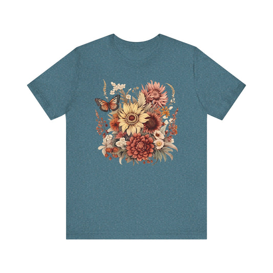Womens Wildflower Floral Shirts Butterfly Casual Graphic Tees Vintage Short Sleeve Girls T Shirts Fall Plus Size Tops - PF