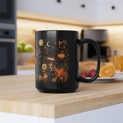 Black Cat Pumpkin Halloween Mug 15oz - Cute Witchy Fall Coffee Cup Gift