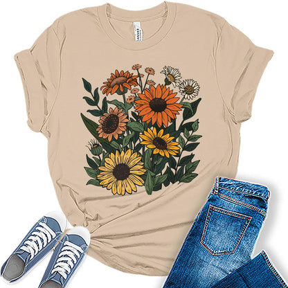 Sunflower Shirt Boho Trendy Vintage Tops Cottagecore Plus Size Graphic Tees for Women