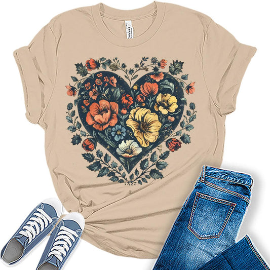 Boho Heart Shirt Vintage Summer Floral Trendy Cute Plus Size Graphic Tees for Women