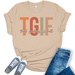 Womens Fall Tops TGIF Thank Goodness It's Fall Vintage Tshirt Letter Print Girls Graphic Tee Retro Shirts