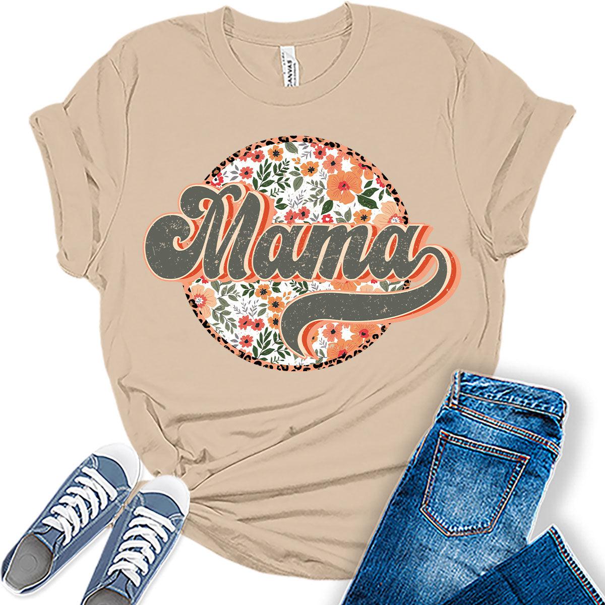 Mama Shirt Cute Floral T Shirt Retro Letter Print Vintage Graphic Tees for Women Plus Size Tops