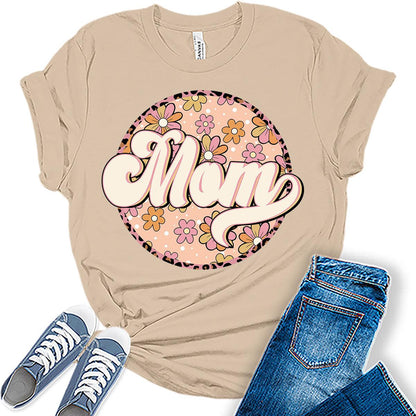 Mom Shirt Cute Floral T Shirt Trendy Vintage Letter Print Retro Graphic Tees for Women Plus Size Tops