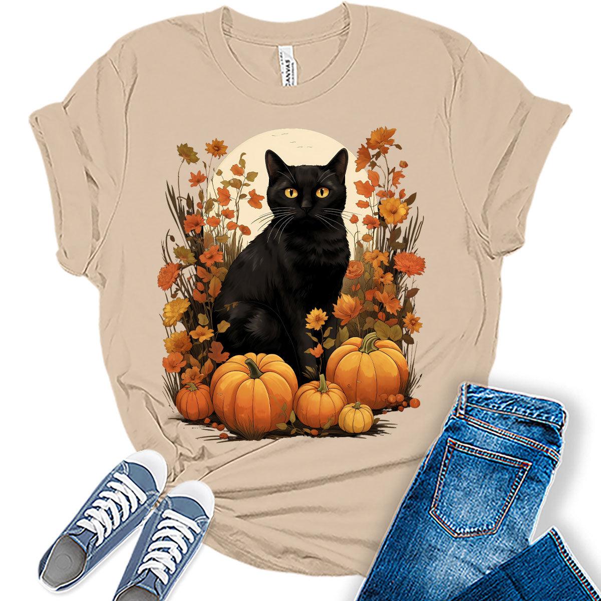 Pumpkin Cat Halloween Shirts for Women Fall Novelty Tshirt Graphic Casual Vintage Athletic Girls Tops
