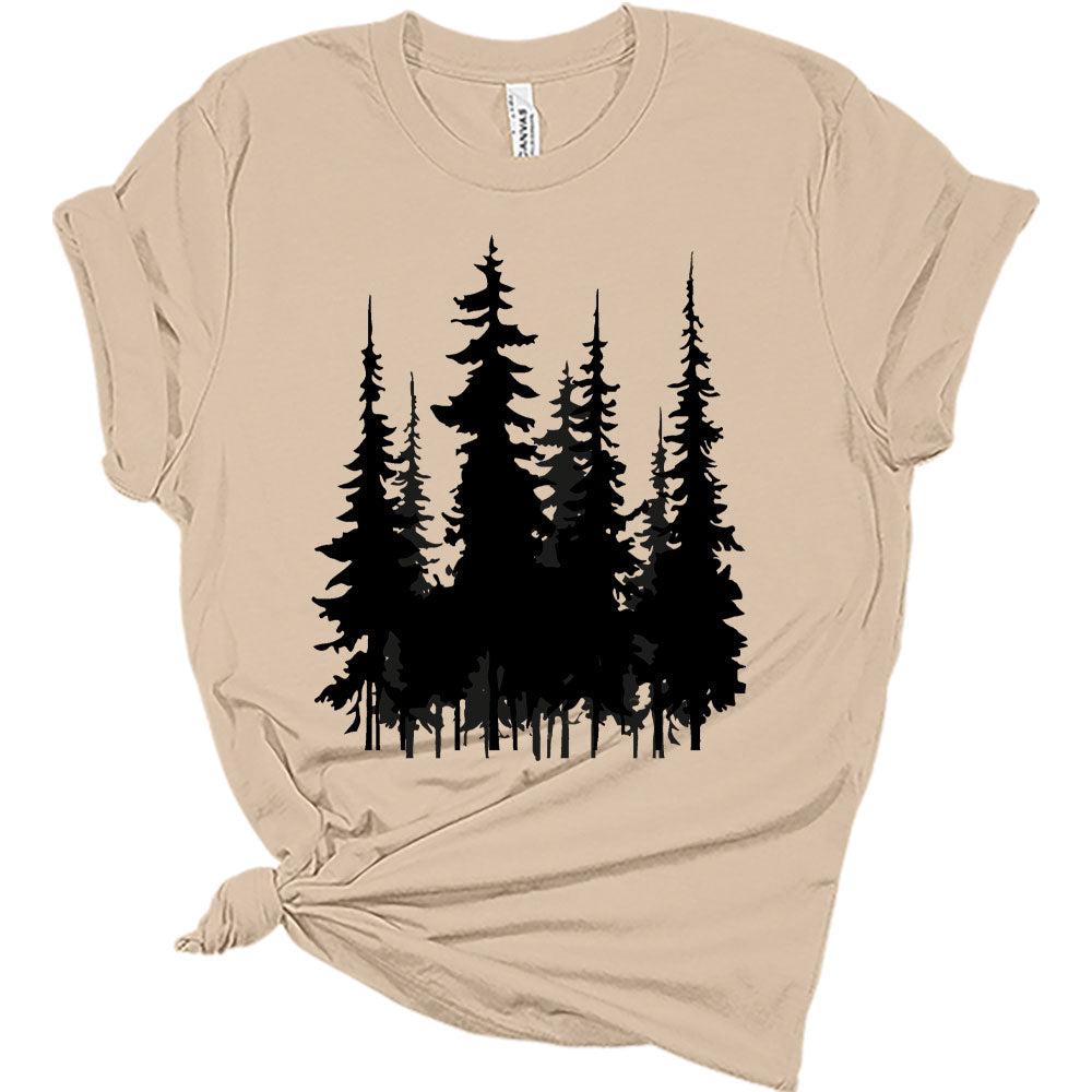 Womens Trendy Graphic Skinny Black Pine Trees Shirt Summer Hiking Camping Athletic Tees Nature Casual Comfy Clothes