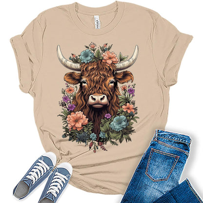 Womens Highland Cow Shirt Cute Cowgirl Tshirt Cattle Bella Graphic Tees Casual Short Sleeve Summer Tops