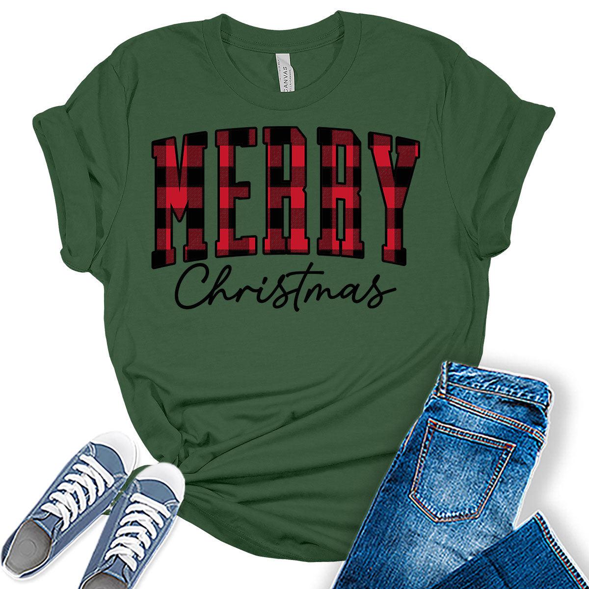 Merry Christmas Shirts for Women Letter Print Tshirts Buffalo Plaid Graphic Tees