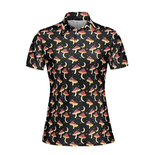 Cottagecore Black Polo Golf Shirt for Women Mushroom Moon Aesthetic Fantasy Moisture Wicking Short Sleeve Top