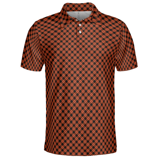 Black and Orange Plaid Polo Shirt for Men Halloween Fall Checkered Pattern Moisture Wicking Short Sleeve Golf Top