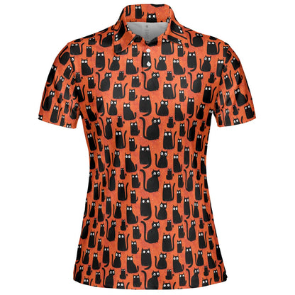 Black Cat Halloween Polo Shirt for Women Orange Spooky Cute Costume Moisture Wicking Short Sleeve Golf Top