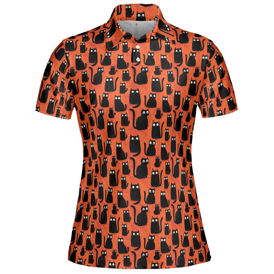 Black Cat Halloween Polo Shirt for Women Orange Spooky Cute Costume Moisture Wicking Short Sleeve Golf Top