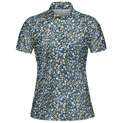 Navy Wildflower Polo Shirt for Women Dark Cottagecore Floral Spring Summer Moisture Wicking Short Sleeve Golf Top