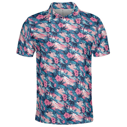 Tropical Sunset Floral Summer Polo Shirt for Men Moisture Wicking Short Sleeve Golf Vacation Top