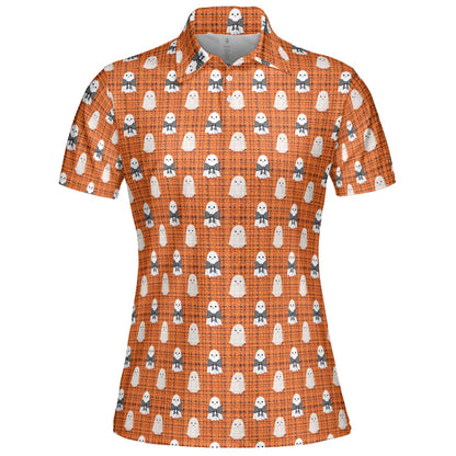 Cute Ghost Halloween Polo Shirt for Women Orange Plaid Moisture Wicking Short Sleeve Golf Top