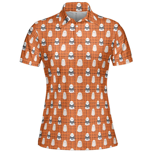 Cute Ghost Halloween Polo Shirt for Women Orange Plaid Moisture Wicking Short Sleeve Golf Top
