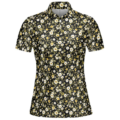Black Daisy Floral Polo Shirt for Women Yellow Cottagecore Spring Summer Chic Moisture Wicking Short Sleeve Golf Top