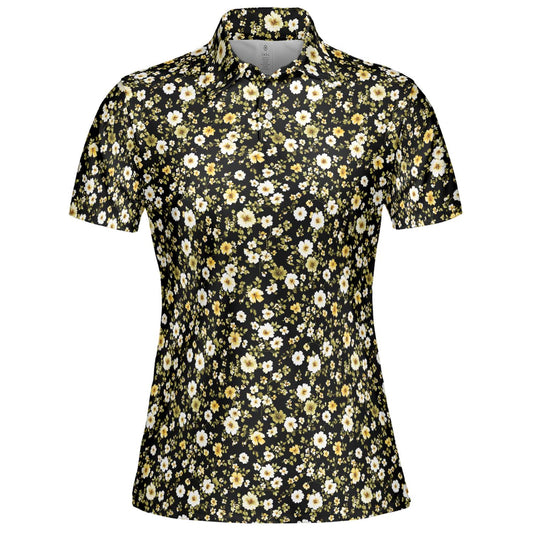 Black Daisy Floral Polo Shirt for Women Yellow Cottagecore Spring Summer Chic Moisture Wicking Short Sleeve Golf Top