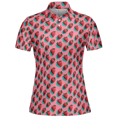 Strawberry Print Polo Shirt for Women Pink Summer Cottagecore Cute Moisture Wicking Short Sleeve Golf Top