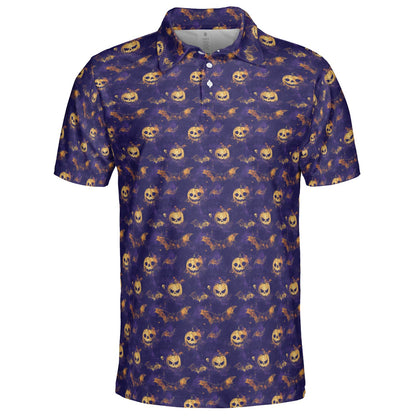 Jack O Lantern Bat Polo Shirt for Men Halloween Pumpkin Funny Spooky Moisture Wicking Golf Top