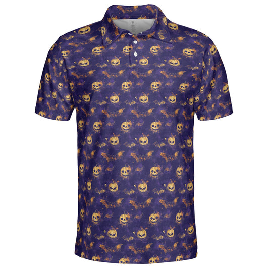 Jack O Lantern Bat Polo Shirt for Men Halloween Pumpkin Funny Spooky Moisture Wicking Golf Top