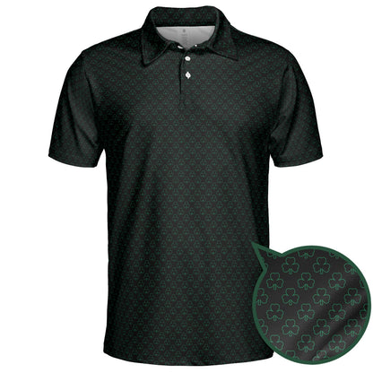St Patricks Day Polo Shirts for Men Black Green Shamrock Outline Pattern Moisture Wicking Short Sleeve Golf Top