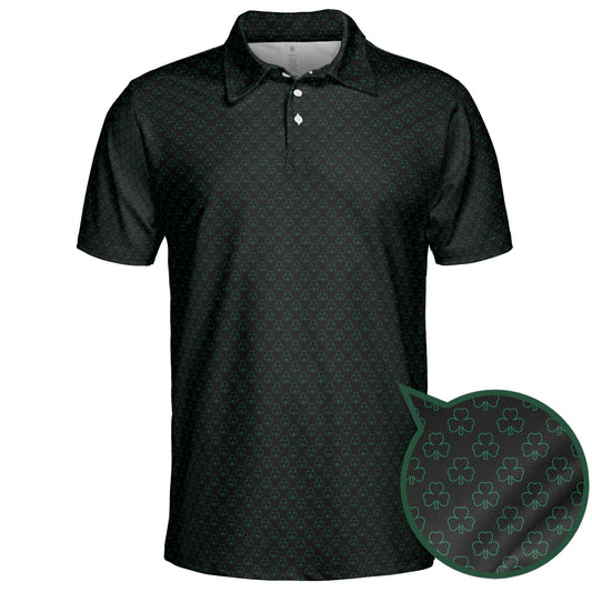 St Patricks Day Polo Shirts for Men Black Green Shamrock Outline Pattern Moisture Wicking Short Sleeve Golf Top