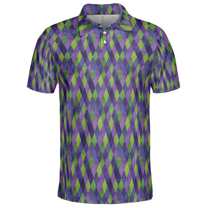 Mardi Gras Polo Shirt for Men Purple Green Argyle Party Design Moisture Wicking Short Sleeve Golf Top