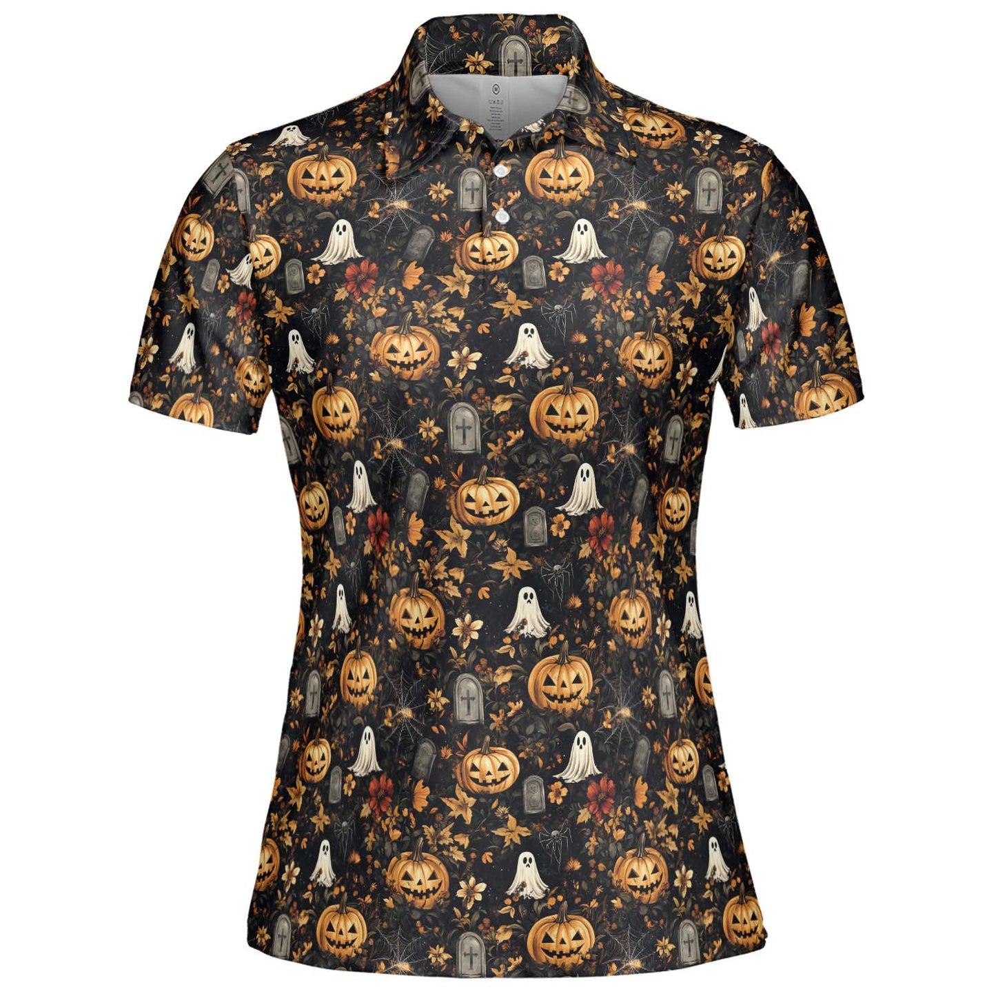Ghost Pumpkin Floral Halloween Polo Shirt for Women Moisture Wicking Short Sleeve Golf Top