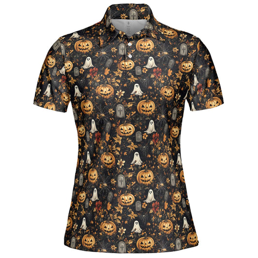 Ghost Pumpkin Floral Halloween Polo Shirt for Women Moisture Wicking Short Sleeve Golf Top