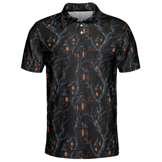 Haunted House Halloween Polo for Men Spooky Moisture Wicking Short Sleeve Golf Top