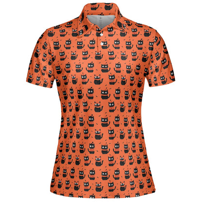 Funny Halloween Cat Polo Shirt for Women Orange Spooky Cute Moisture Wicking Short Sleeve Golf Top