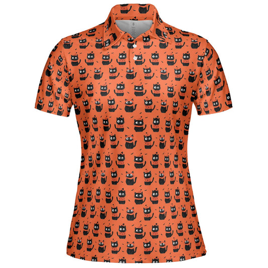 Funny Halloween Cat Polo Shirt for Women Orange Spooky Cute Moisture Wicking Short Sleeve Golf Top