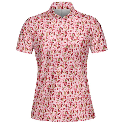Cherry Blossom Polo Shirt for Women Pink Floral Cottagecore Spring Summer Moisture Wicking Short Sleeve Golf Top