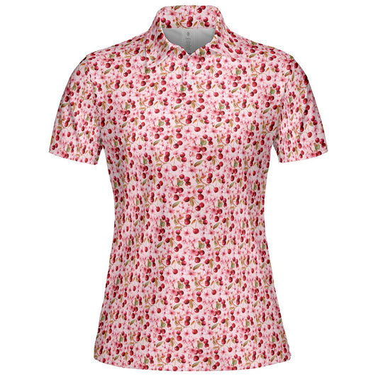 Cherry Blossom Polo Shirt for Women Pink Floral Cottagecore Spring Summer Moisture Wicking Short Sleeve Golf Top