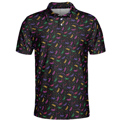 Mardi Gras Party Polo Shirt for Men Mask Confetti Pattern Moisture Wicking Short Sleeve Golf Top
