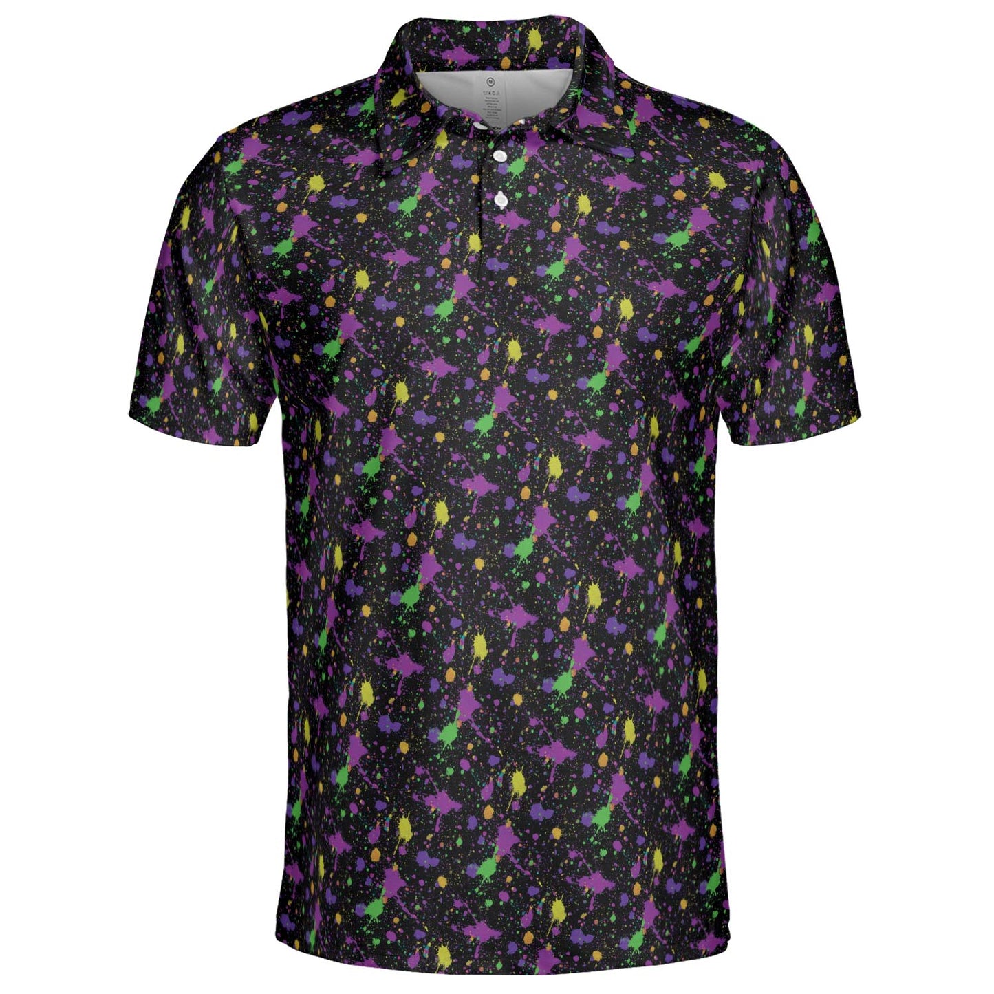 Mardi Gras Polo Shirt for Men Purple Green Gold Paint Splatter Pattern Moisture Wicking Short Sleeve Golf