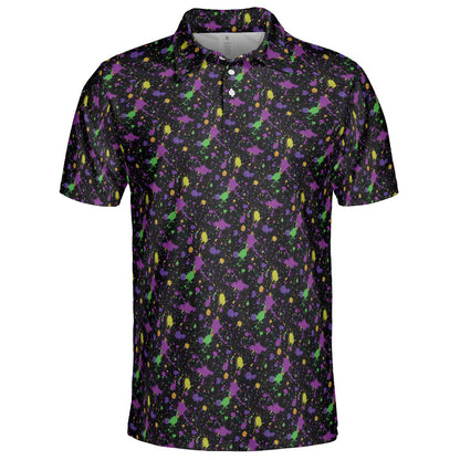 Mardi Gras Polo Shirt for Men Purple Green Gold Paint Splatter Pattern Moisture Wicking Short Sleeve Golf