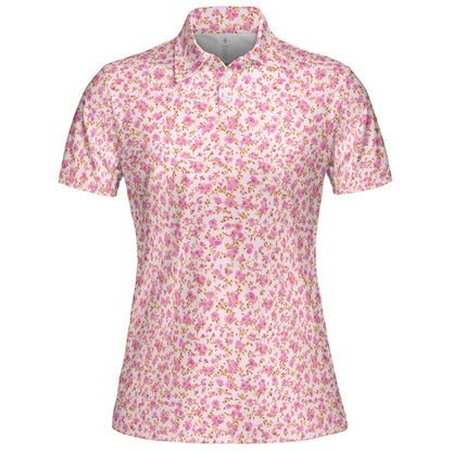 Pink Floral Polo Shirt for Women Cottagecore Spring Summer Moisture Wicking Short Sleeve Golf Top