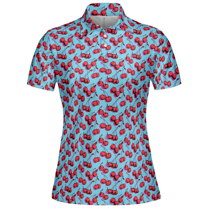 Cherry Print Polo Shirt for Women Blue Retro Y2K Summer Moisture Wicking Short Sleeve Golf Top