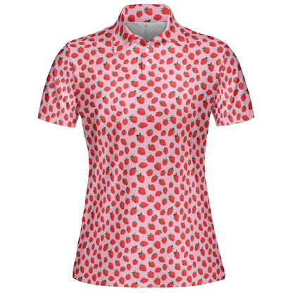 Strawberry Polo Shirt for Women Pink Summer Cottagecore Moisture Wicking Short Sleeve Golf Top
