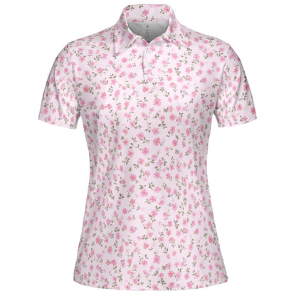 Pink Rosebud Polo Shirt for Women Soft Cottagecore Floral Spring Summer Moisture Wicking Short Sleeve Golf Top