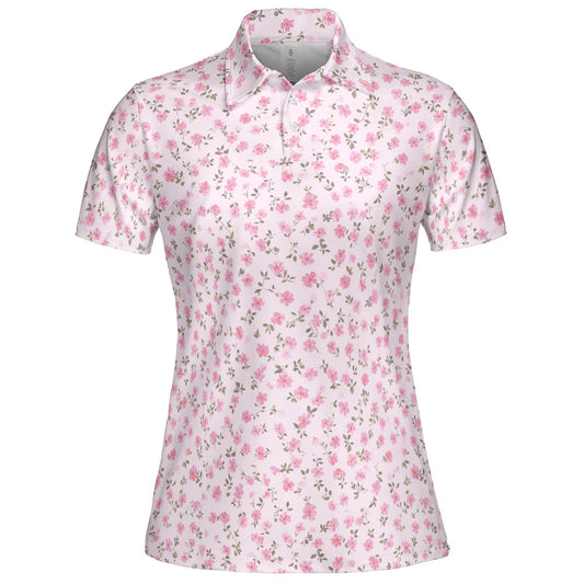 Pink Rosebud Polo Shirt for Women Soft Cottagecore Floral Spring Summer Moisture Wicking Short Sleeve Golf Top