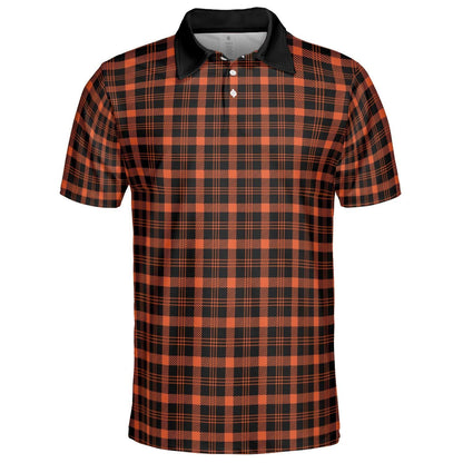 Black and Orange Buffalo Plaid Polo Shirt for Men Halloween Fall Checkered Pattern Moisture Wicking Short Sleeve Golf Top