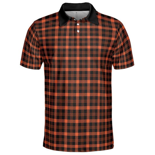 Black and Orange Buffalo Plaid Polo Shirt for Men Halloween Fall Checkered Pattern Moisture Wicking Short Sleeve Golf Top