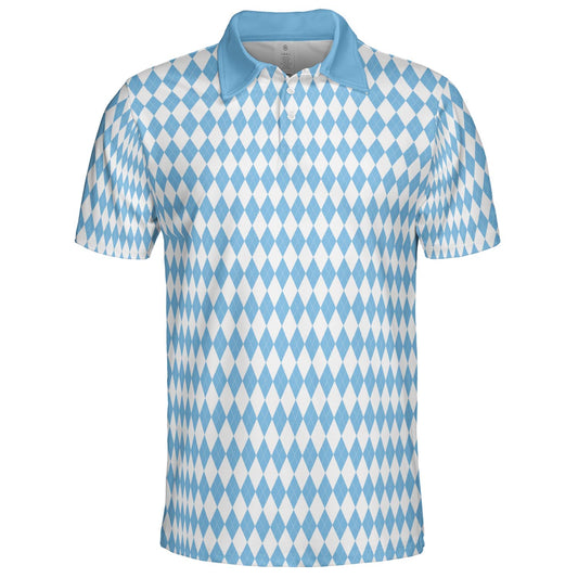 Bavarian Diamond Polo Shirt for Men Checkered Blue Collar Moisture Wicking Short Sleeve Golf Top