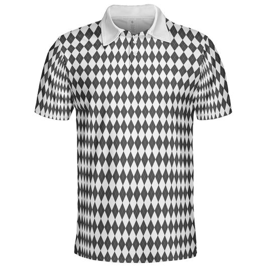 Bavarian Diamond Polo Shirt for Men Dark Grey White Checkered Moisture Wicking Short Sleeve Golf Top
