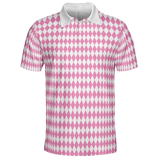 Bavarian Diamond Polo Shirt for Men Pink White Checkered Moisture Wicking Short Sleeve Golf Top