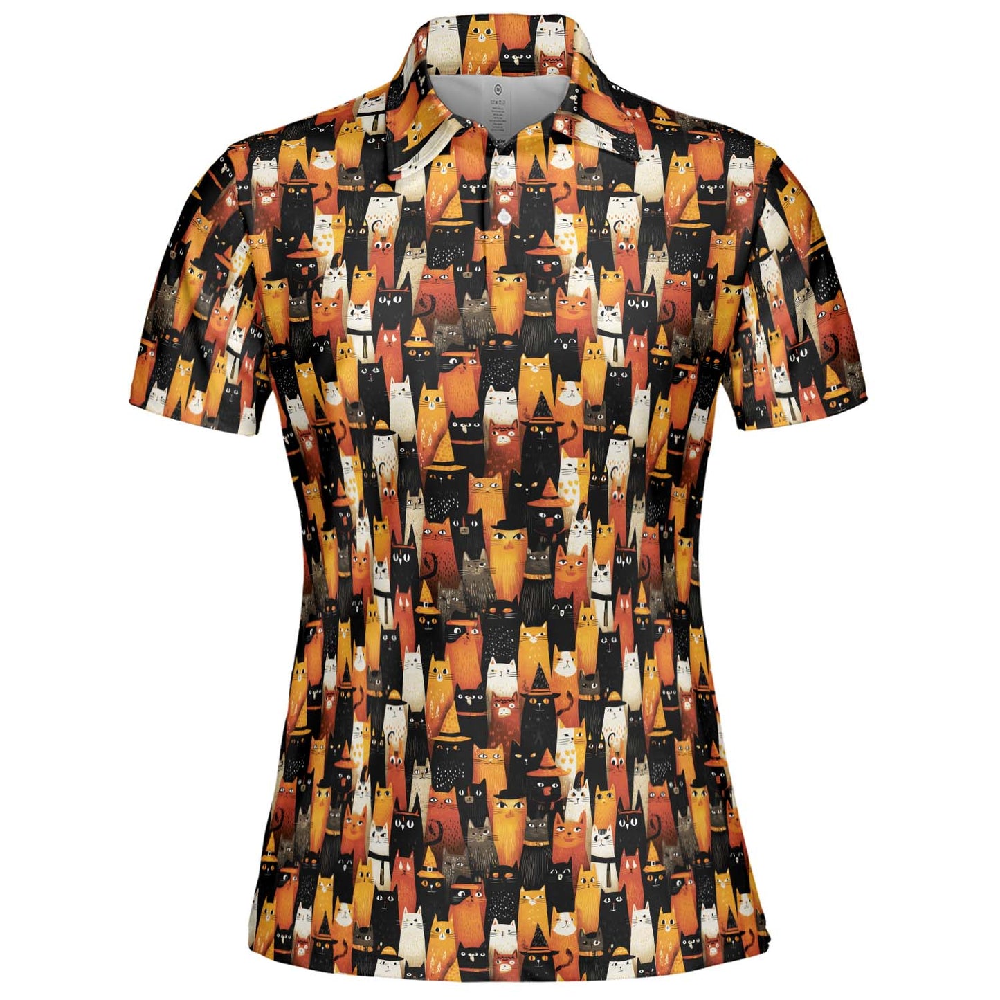 Halloween Cat Polo Shirt for Women Orange Black Witchy Kitty Costume Moisture Wicking Short Sleeve Golf Top