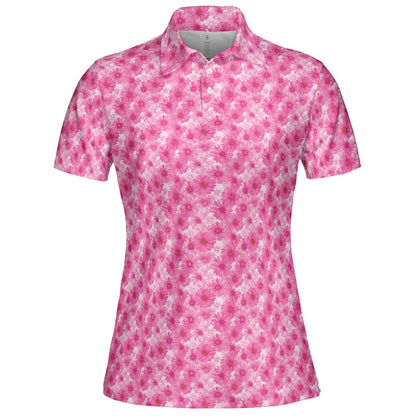 Pink Daisy Floral Polo Shirt for Women Spring Cottagecore Moisture Wicking Short Sleeve Golf Top